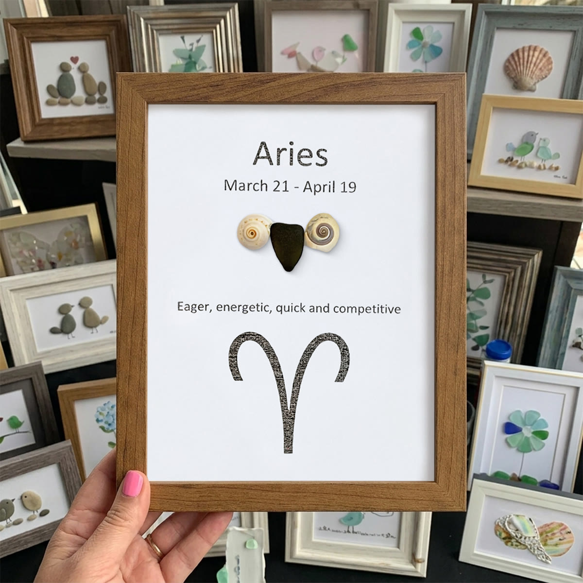Aries Fire Zodiac Sea Glass Framed Art - Walnut Brown - 8" X 6" - image 11