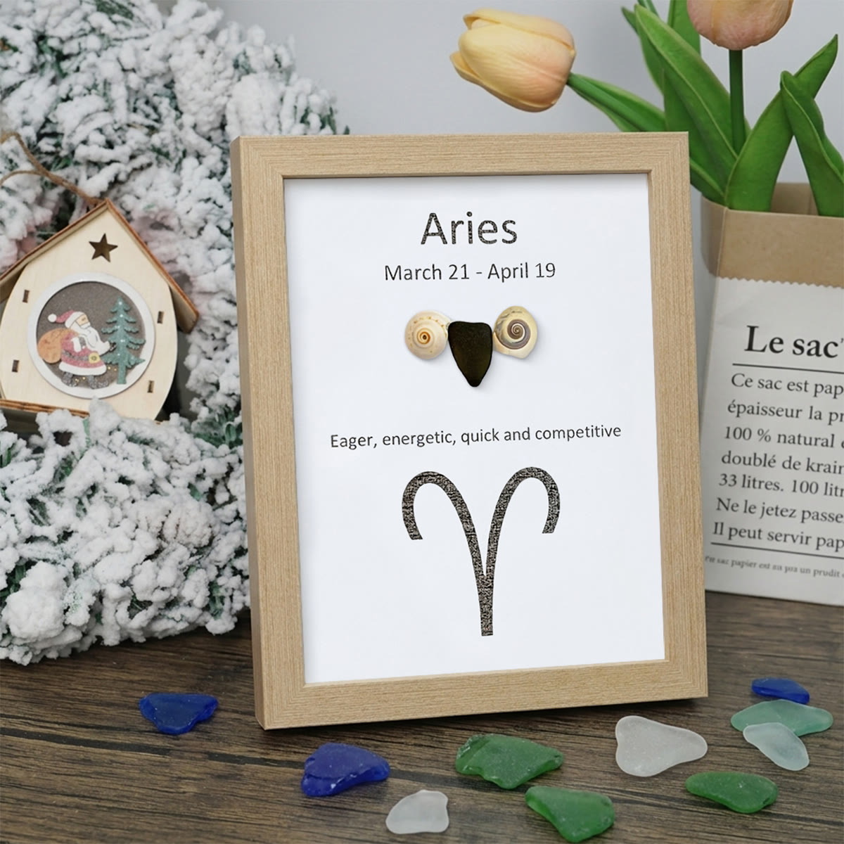 Aries Fire Zodiac Sea Glass Framed Art - Oak - 8" X 6" - image 10