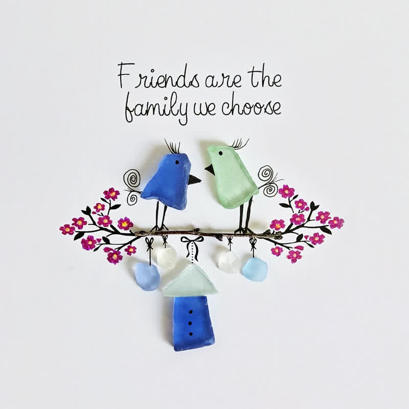 Friends Are the Family We Choose Birds Sea Glass Framed Art - Seaglass Card - 8" X 8" - image 1