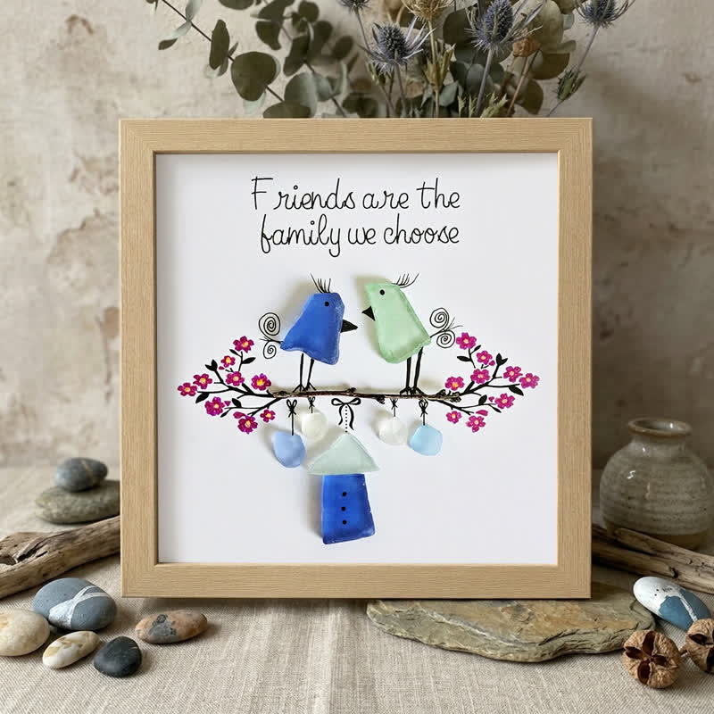 Friends Are the Family We Choose Birds Sea Glass Framed Art - Oak - 8" X 8" - image 5