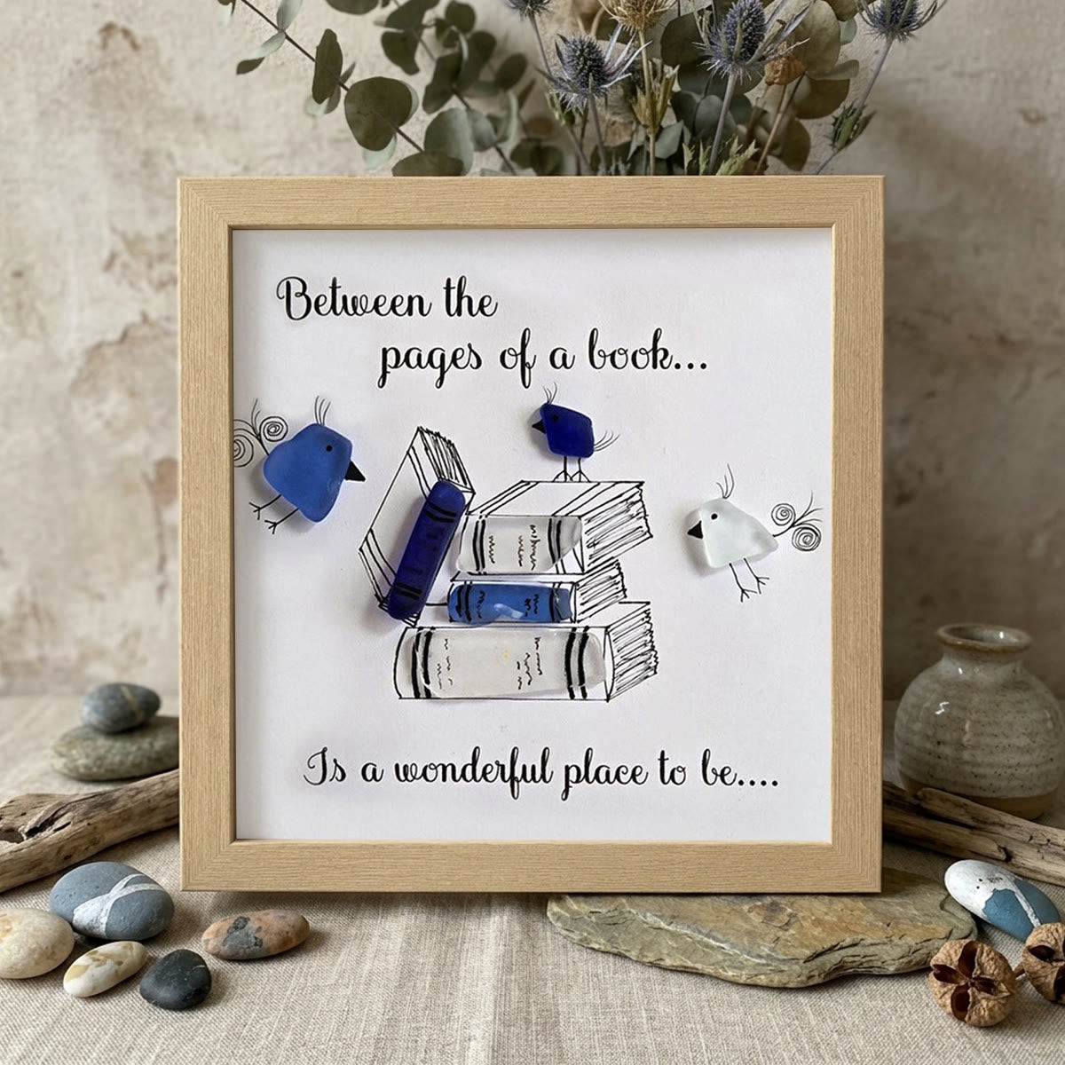 Enjoy In a Good Book Book Lover Sea Glass Framed Art - Oak - 8" X 8" - image 7