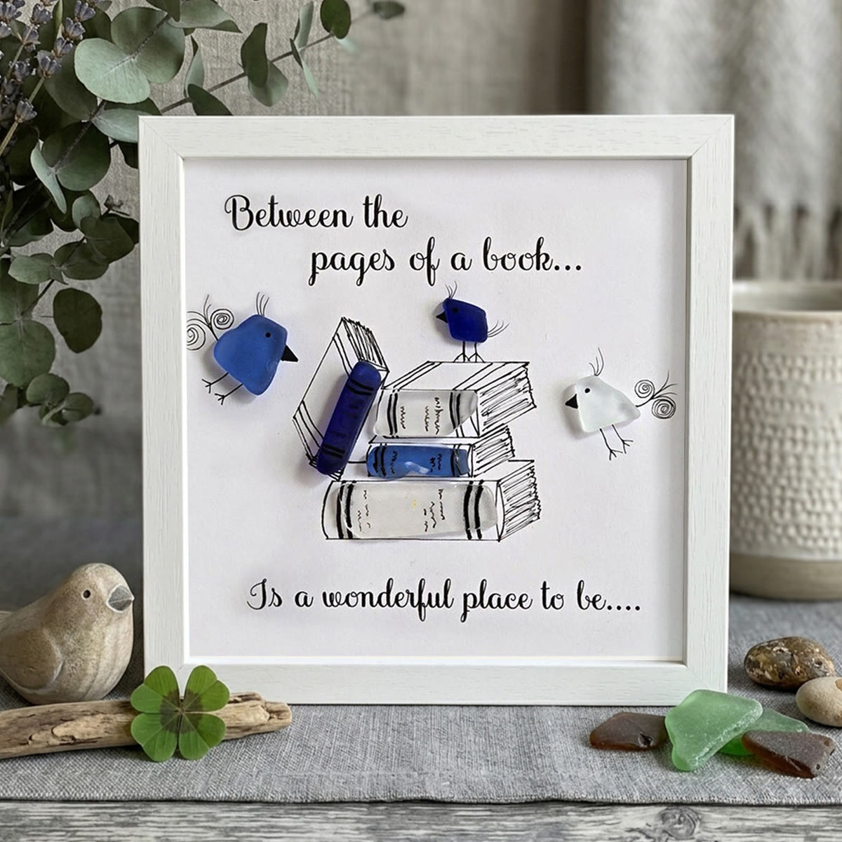 Enjoy In a Good Book Book Lover Sea Glass Framed Art - White - 8" X 8" - image 9