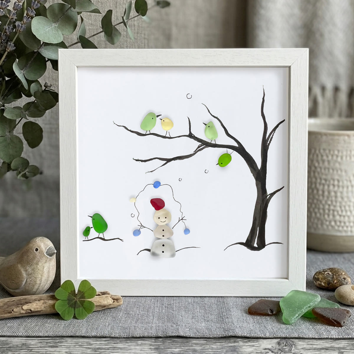 Winter Wonder Smiles Snowman and Birds Sea Glass Framed Art - White - 8" X 8" - image 12