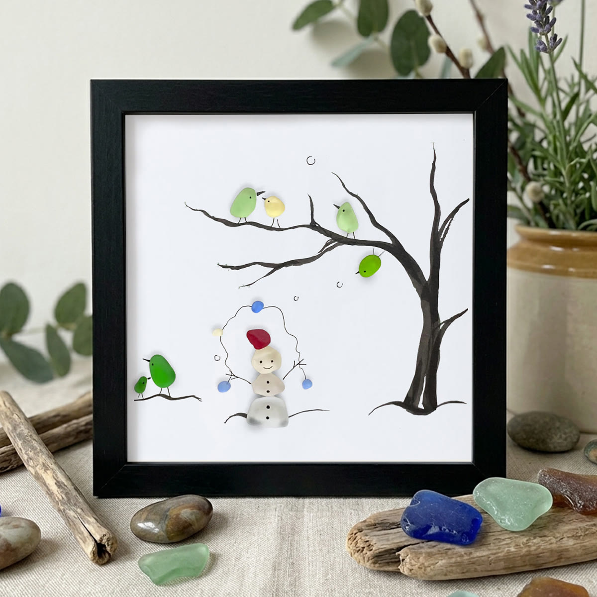 Winter Wonder Smiles Snowman and Birds Sea Glass Framed Art - Black - 8" X 8" - image 11