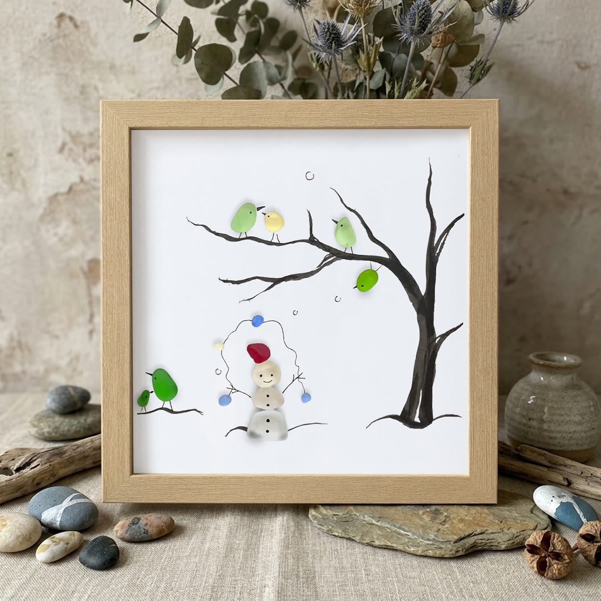 Winter Wonder Smiles Snowman and Birds Sea Glass Framed Art - Oak - 8" X 8" - image 10