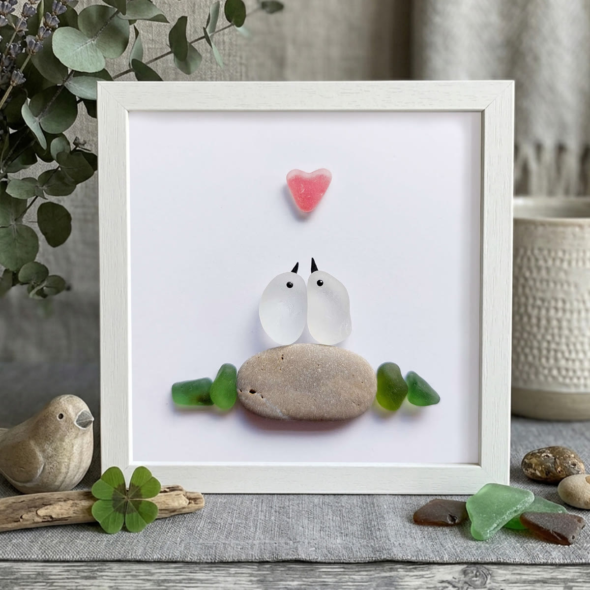Sweetheart Birds Romantic Couple Sea Glass Framed Art - White - 8" X 8" - image 11