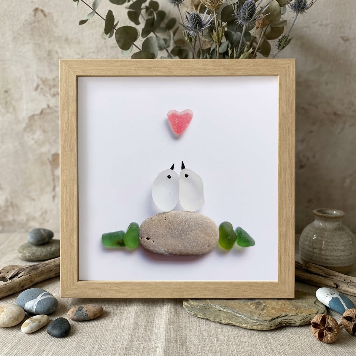 Sweetheart Birds Romantic Couple Sea Glass Framed Art - Oak - 8" X 8" - image 9