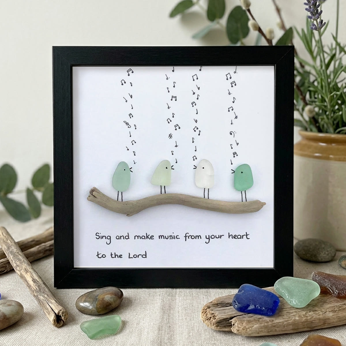Heartful Melody Music Faith Bird Sea Glass Framed Art - Black - 8" X 8" - image 9