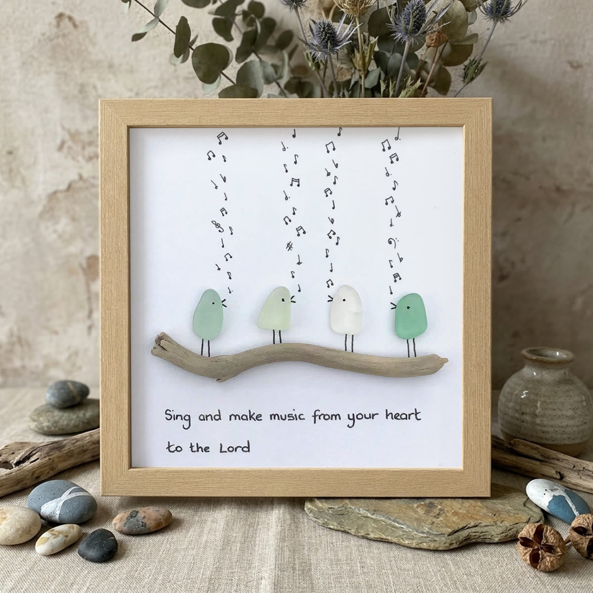 Heartful Melody Music Faith Bird Sea Glass Framed Art - Oak - 8" X 8" - image 8