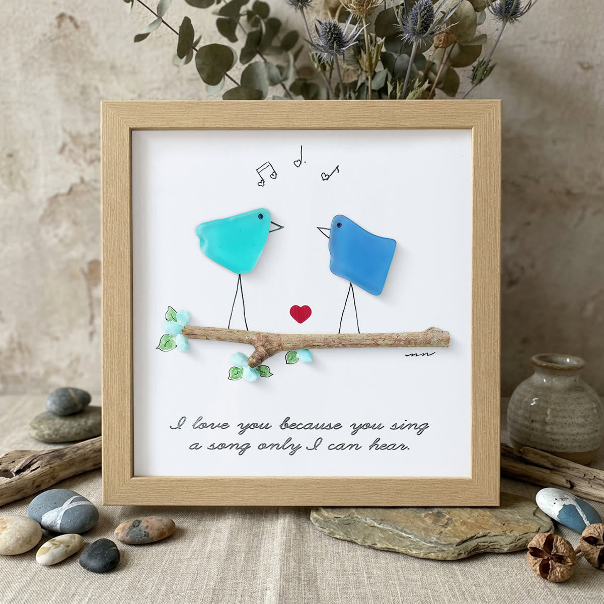 Unique Melody Couple Valentine's Day Sea Glass Framed Art - Oak - 8" X 8" - image 10