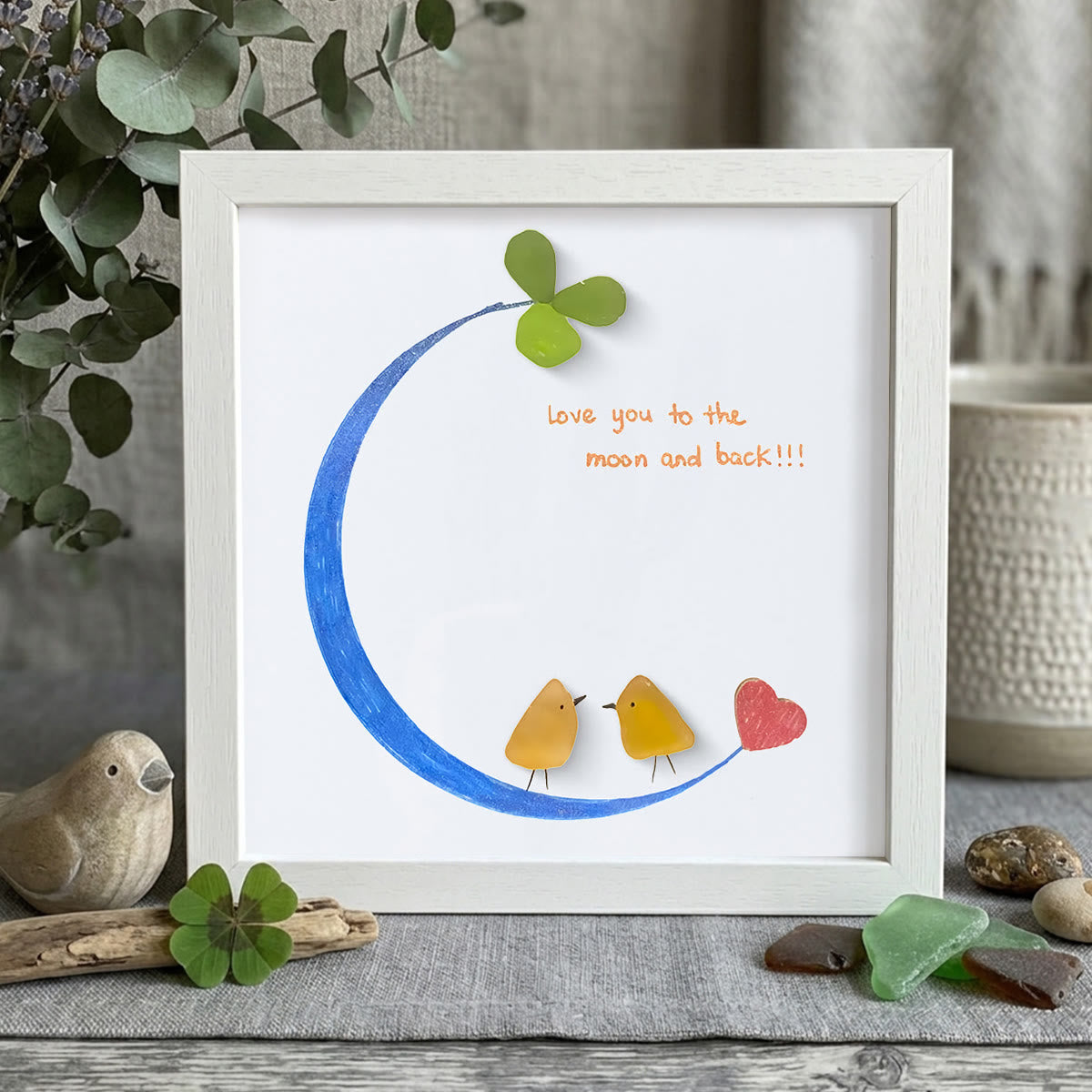 Love You to the Moon and Back Sea Glass Framed Art - White - 8" X 8" - image 12