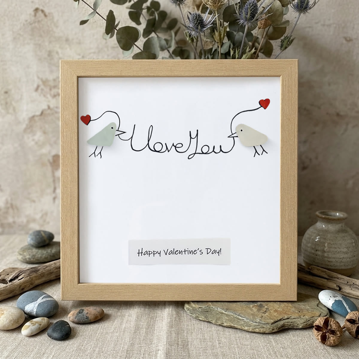 Happy Valentine’s Day I Love You Lovebirds Sea Glass Framed Art - Oak - 8" X 8" - image 9
