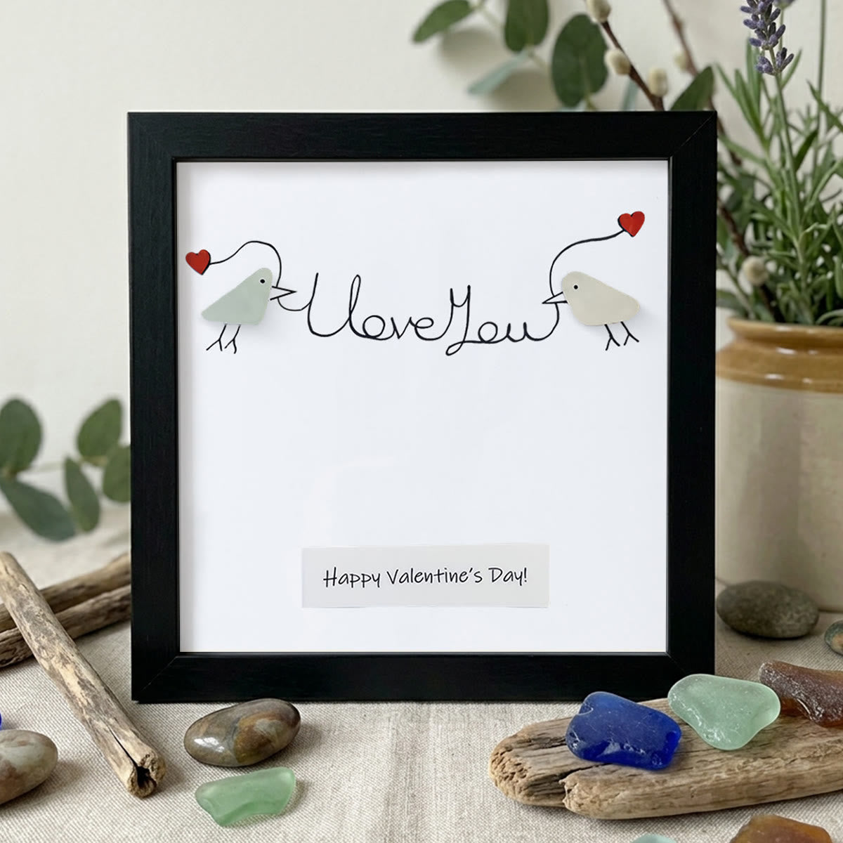 Happy Valentine’s Day I Love You Lovebirds Sea Glass Framed Art - Black - 8" X 8" - image 10