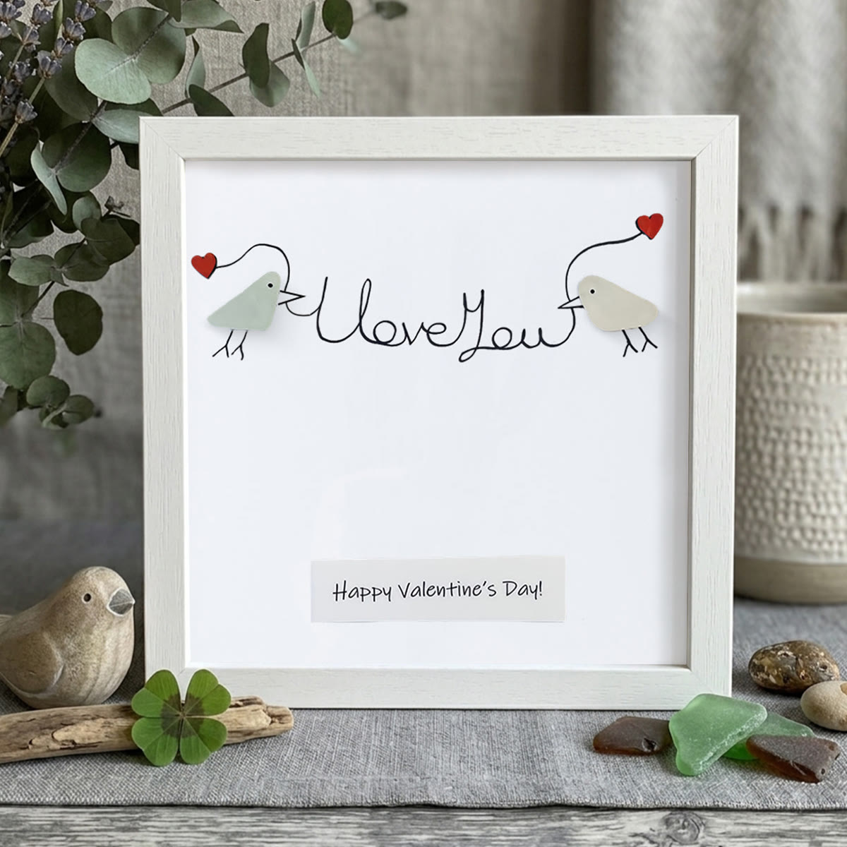 Happy Valentine’s Day I Love You Lovebirds Sea Glass Framed Art - White - 8" X 8" - image 11