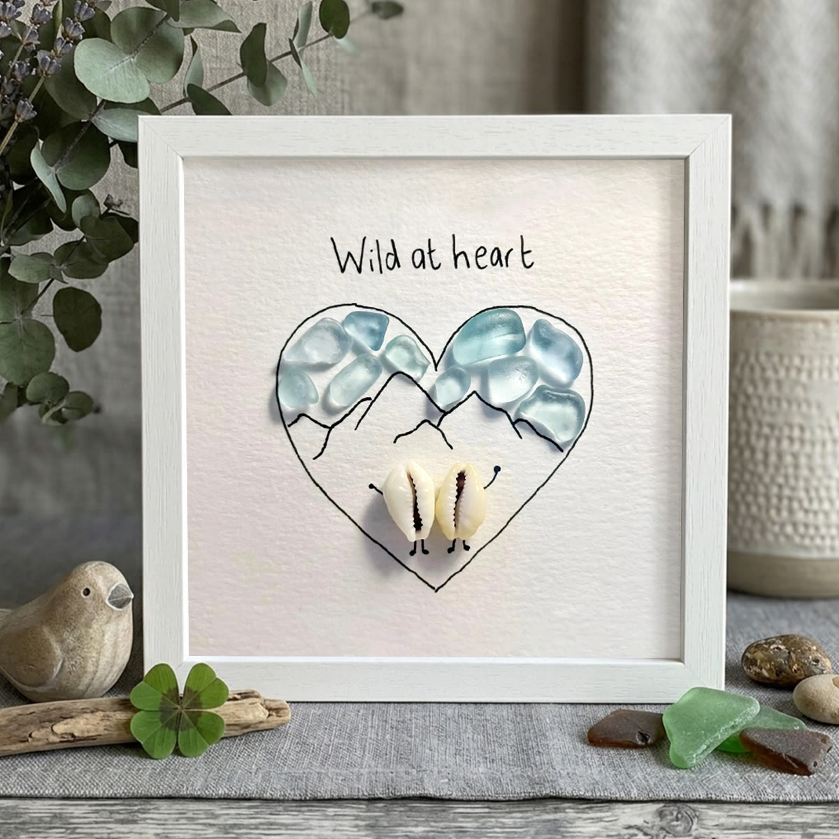 "Wild at Heart" Mountains & Shell Couple Sea Glass Framed Art - White - 8" X 8" - image 10