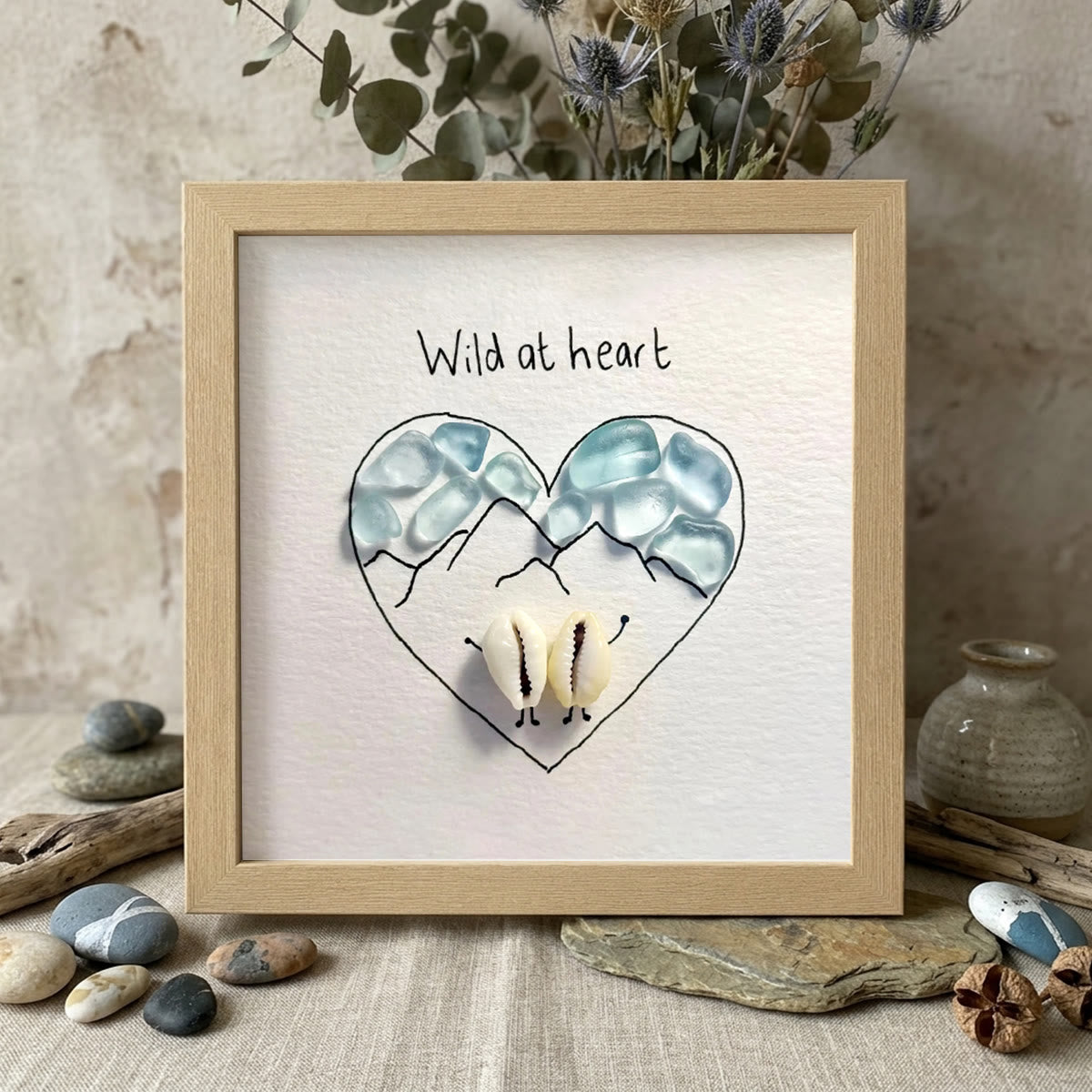 "Wild at Heart" Mountains & Shell Couple Sea Glass Framed Art - Oak - 8" X 8" - image 8