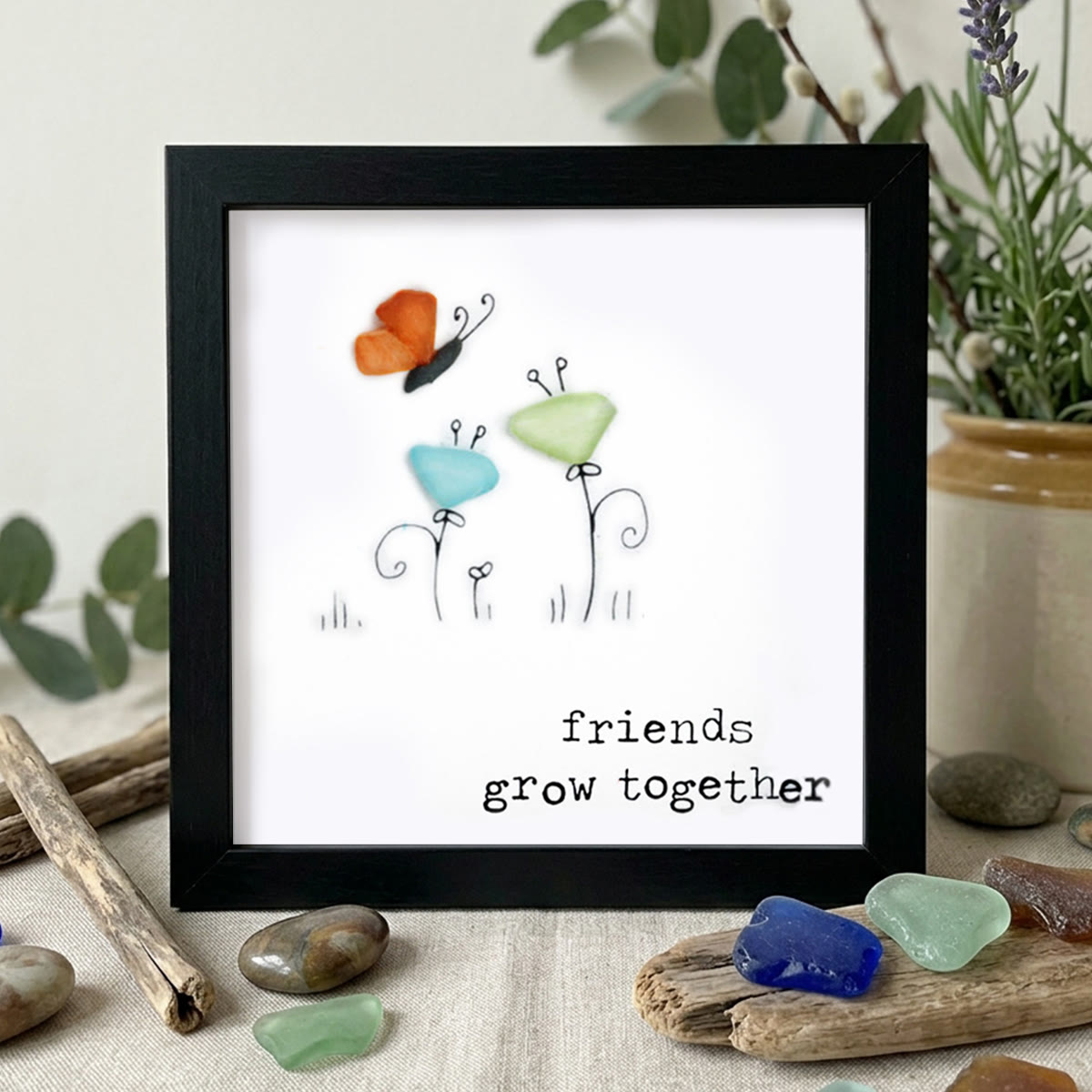 Friends Grow Together Butterfly & Flowers Sea Glass Framed Art - Black - 8" X 8" - image 9