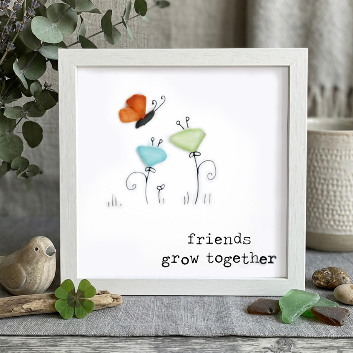 Friends Grow Together Butterfly & Flowers Sea Glass Framed Art - White - 8" X 8" - image 10