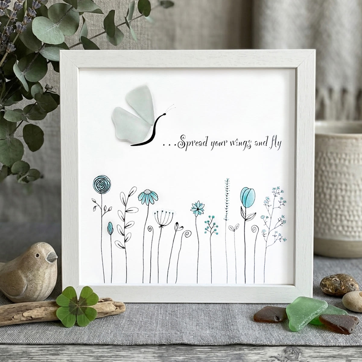 "Spread Your Wings and Fly" Butterfly Garden Sea Glass Framed Art - White - 8" X 8" - image 10