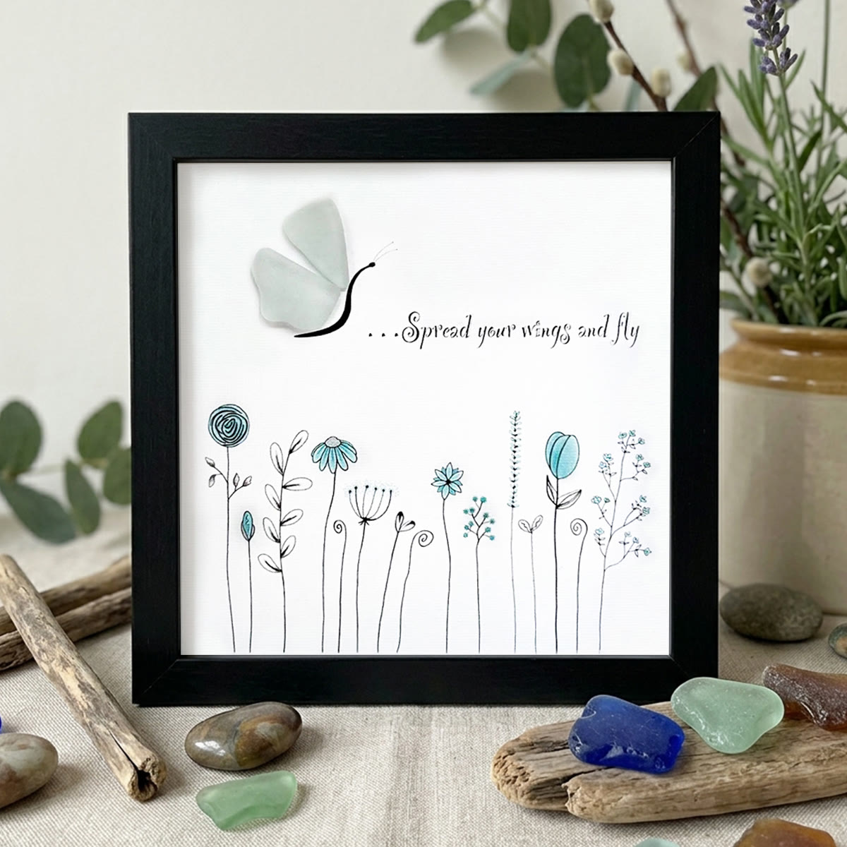 "Spread Your Wings and Fly" Butterfly Garden Sea Glass Framed Art - Black - 8" X 8" - image 9