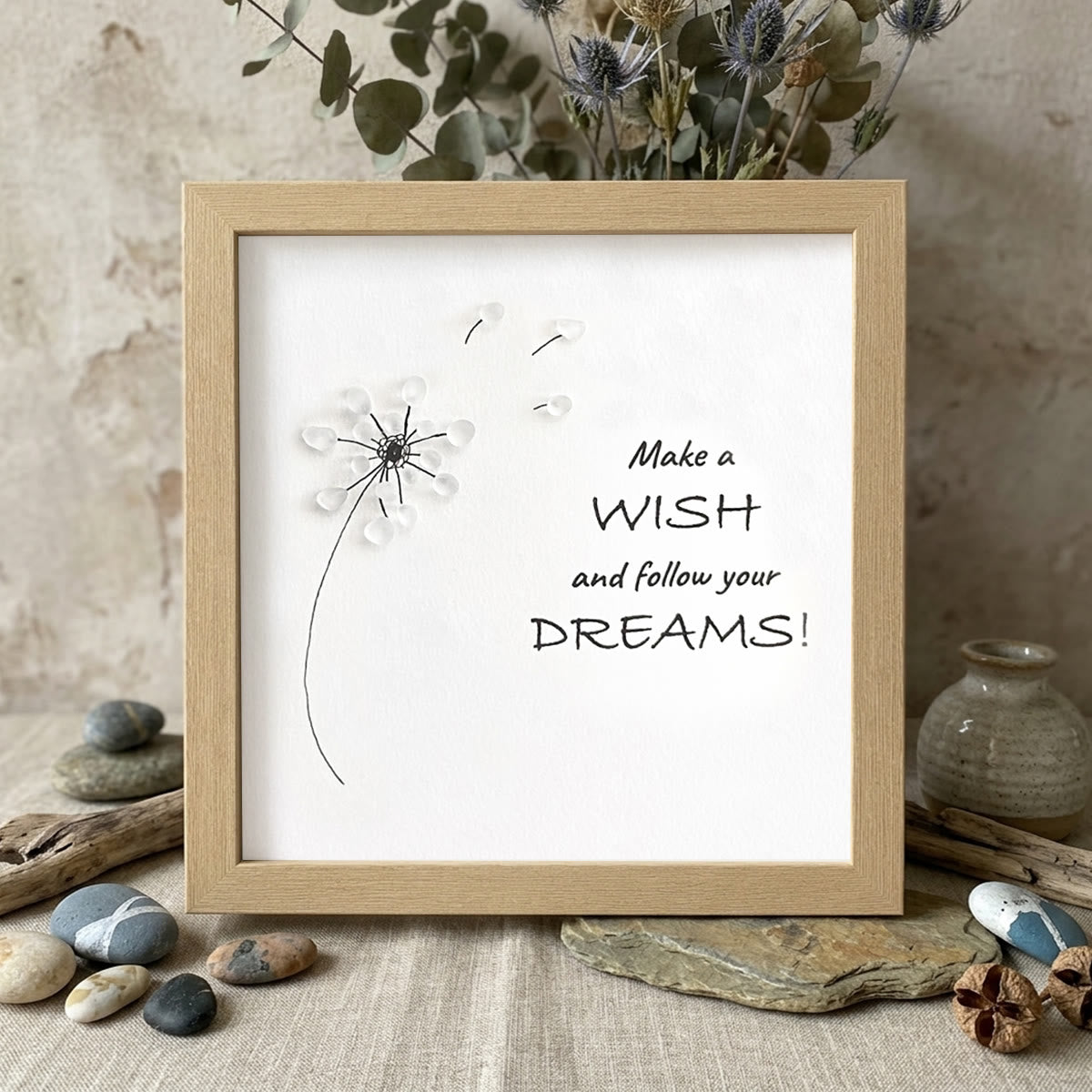 "Make a Wish & Follow Your Dreams" Dandelion Sea Glass Framed Art - Oak - 8" X 8" - image 8