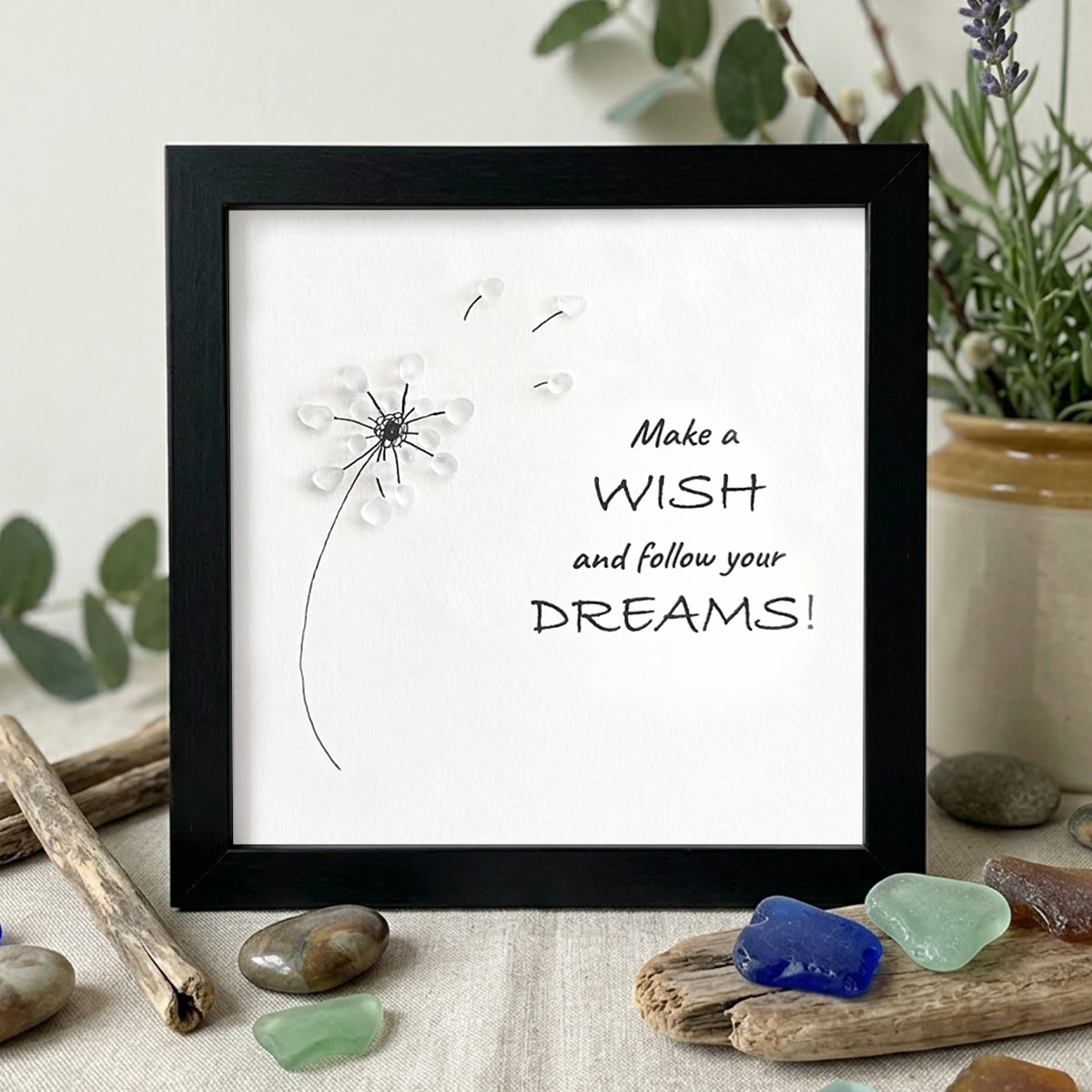 "Make a Wish & Follow Your Dreams" Dandelion Sea Glass Framed Art - Black - 8" X 8" - image 9