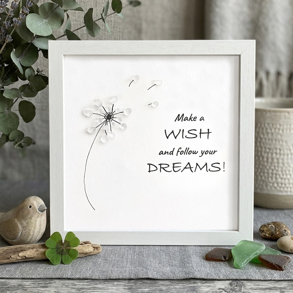 "Make a Wish & Follow Your Dreams" Dandelion Sea Glass Framed Art - White - 8" X 8" - image 10