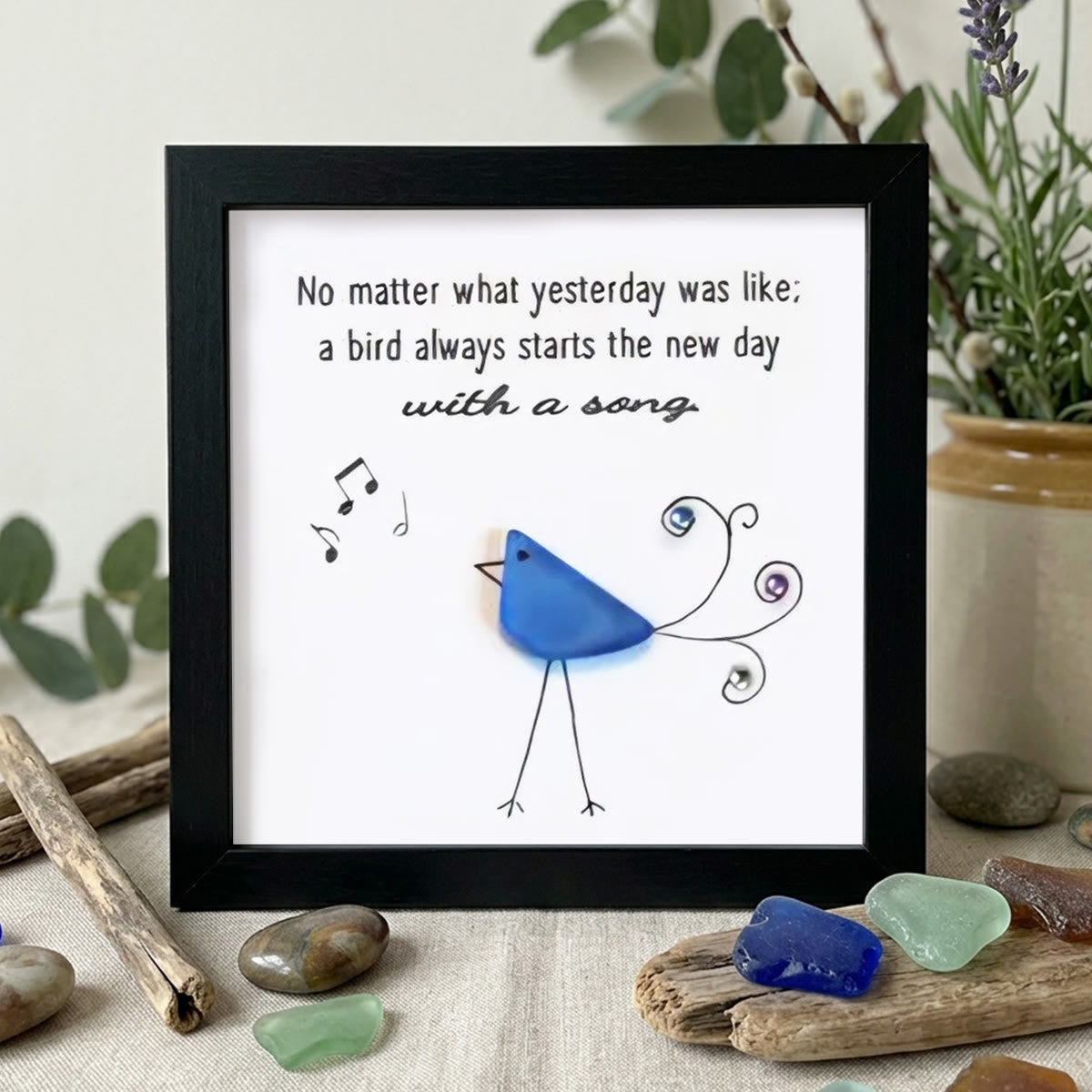 Cheerful Bright Blue Songbird Sea Glass Framed Art - Black - 8" X 8" - image 9