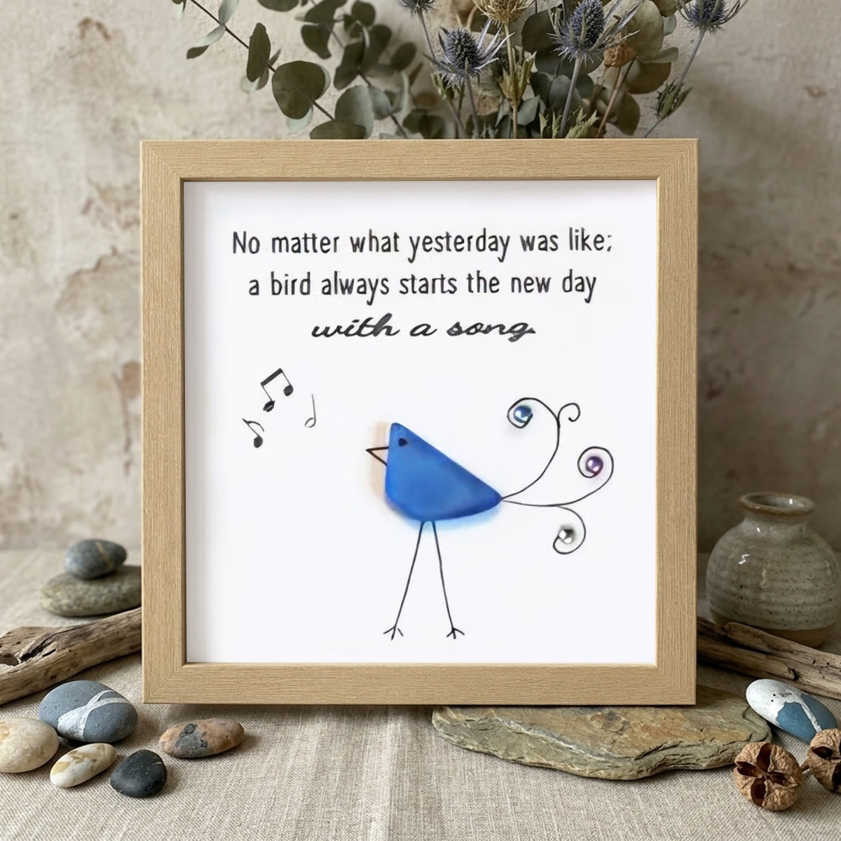 Cheerful Bright Blue Songbird Sea Glass Framed Art - Oak - 8" X 8" - image 8