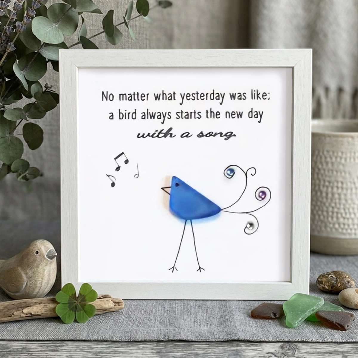Cheerful Bright Blue Songbird Sea Glass Framed Art - White - 8" X 8" - image 10