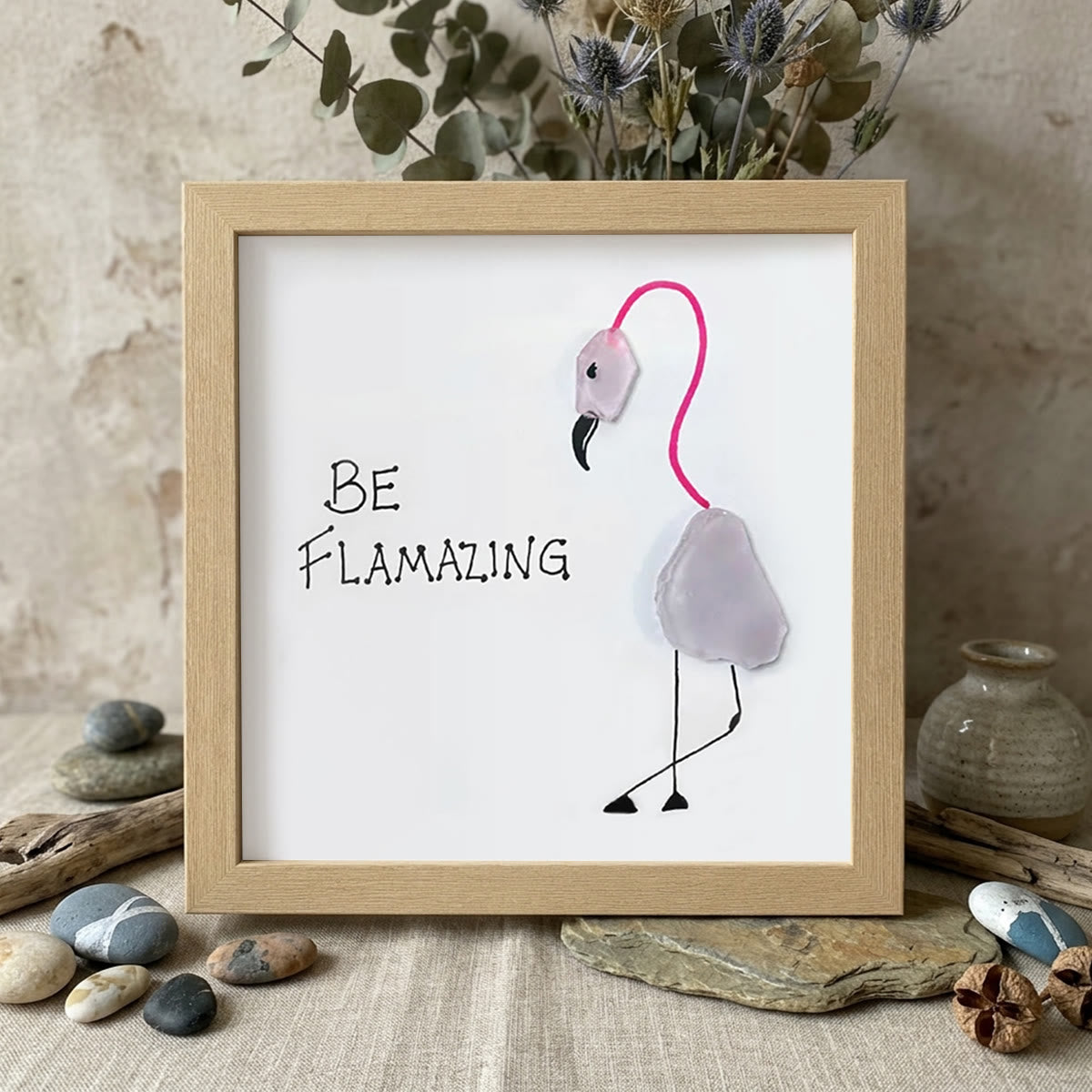 "BE FLAMAZING" Pink Flamingo Sea Glass Framed Art - Oak - 8" X 8" - image 8