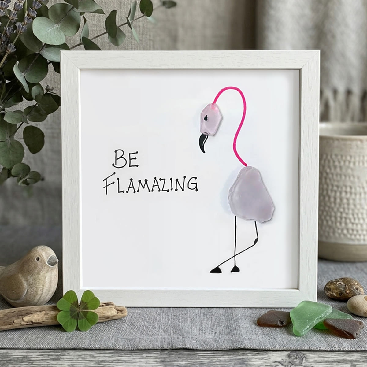 "BE FLAMAZING" Pink Flamingo Sea Glass Framed Art - White - 8" X 8" - image 10
