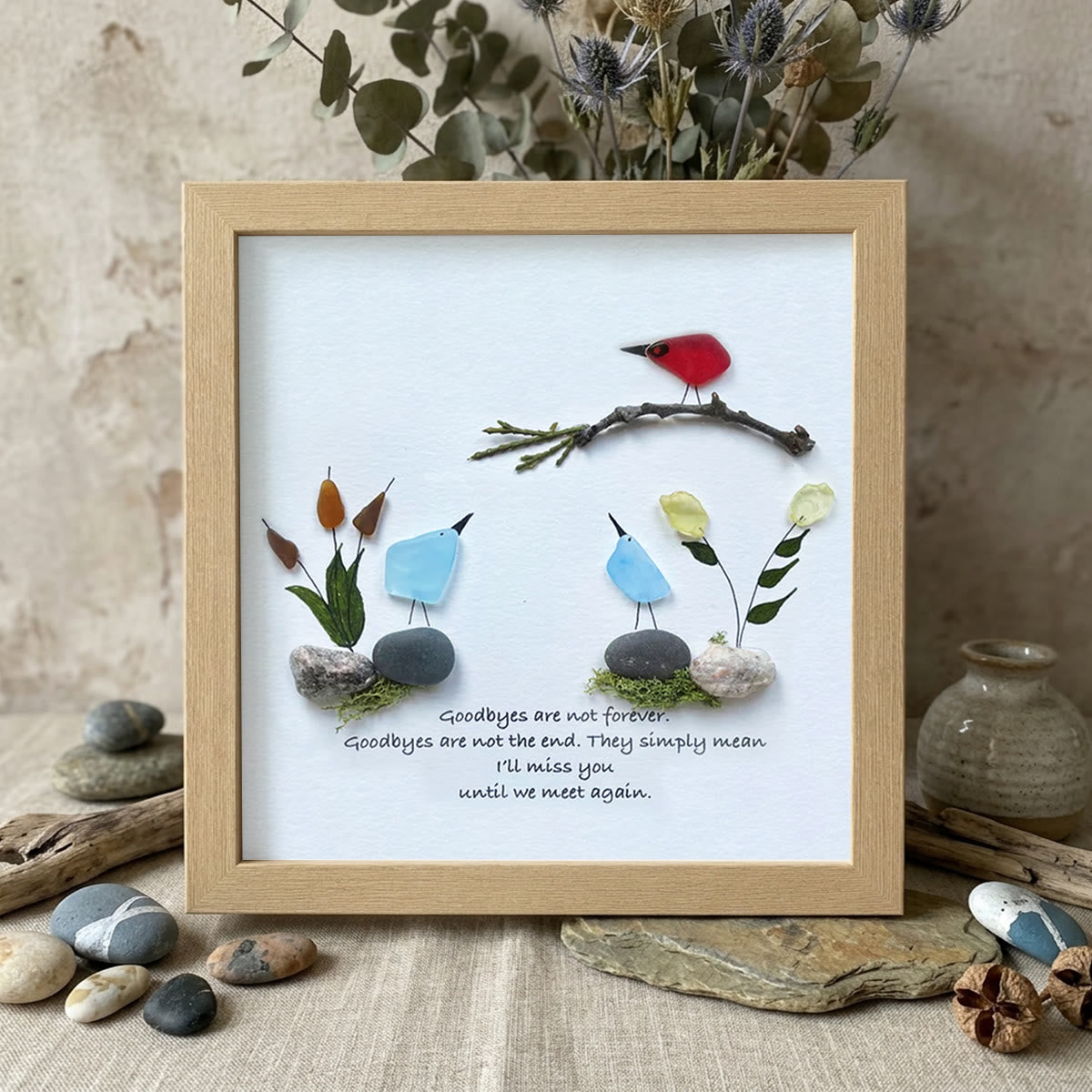 Goodbyes Are Not Forever Bird Scene Sea Glass Framed Art - Oak - 8" X 8" - image 8