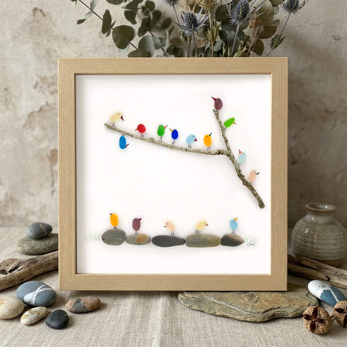 Rainbow Bird Flock Sea Glass Framed Art - Oak - 8" X 8" - image 8