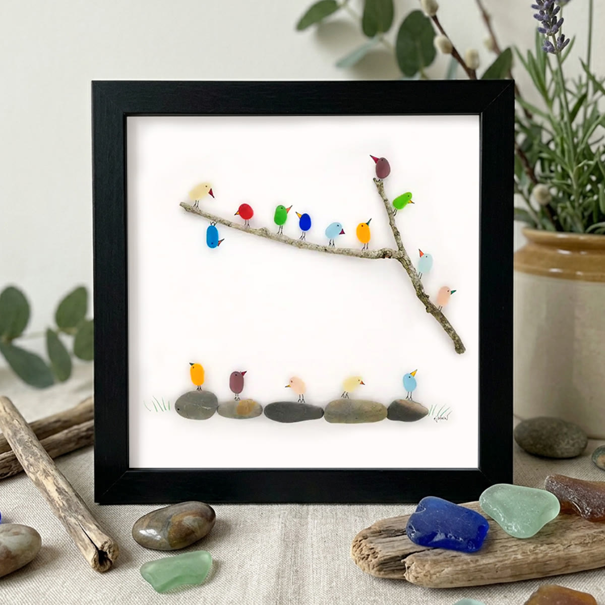 Rainbow Bird Flock Sea Glass Framed Art - Black - 8" X 8" - image 9