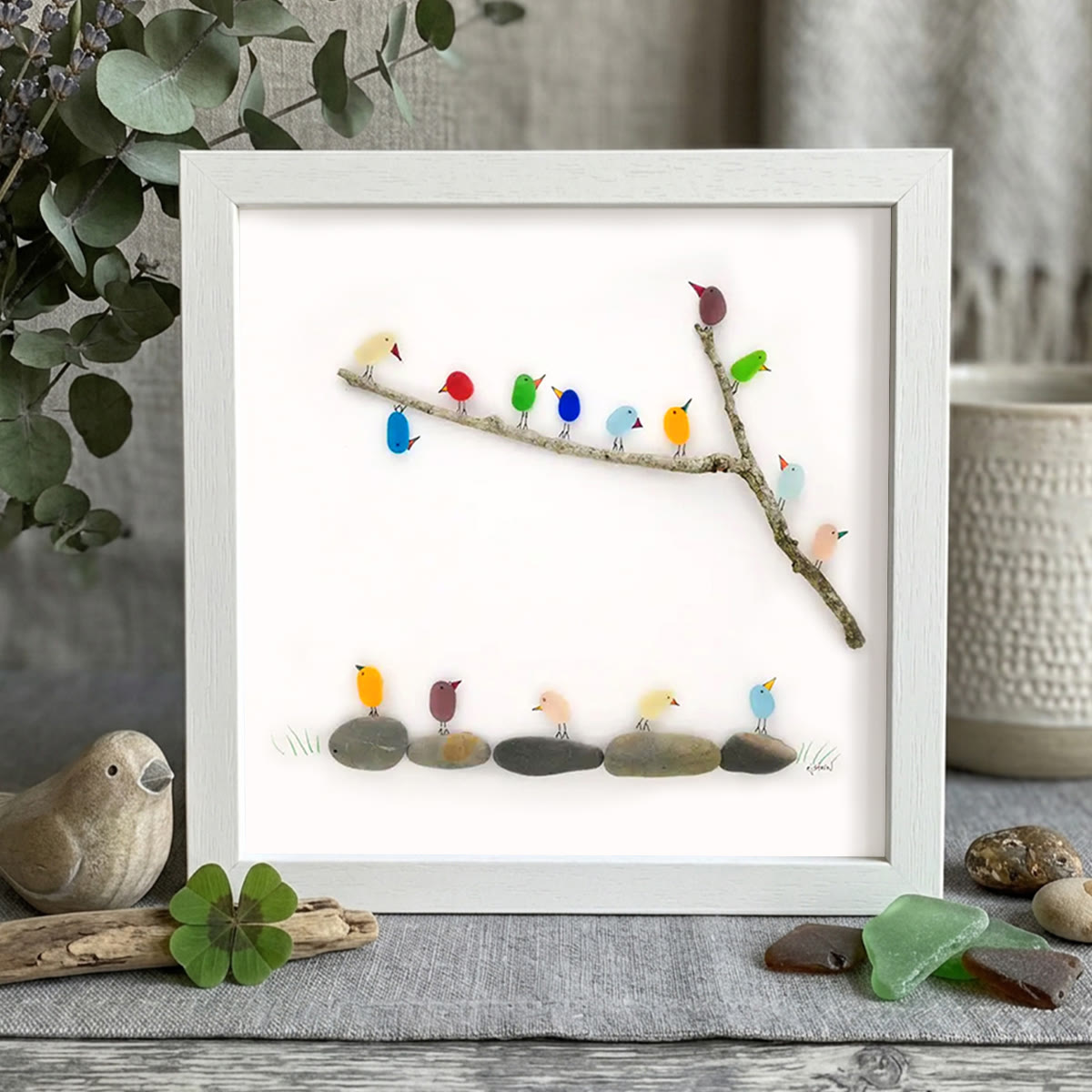 Rainbow Bird Flock Sea Glass Framed Art - White - 8" X 8" - image 10