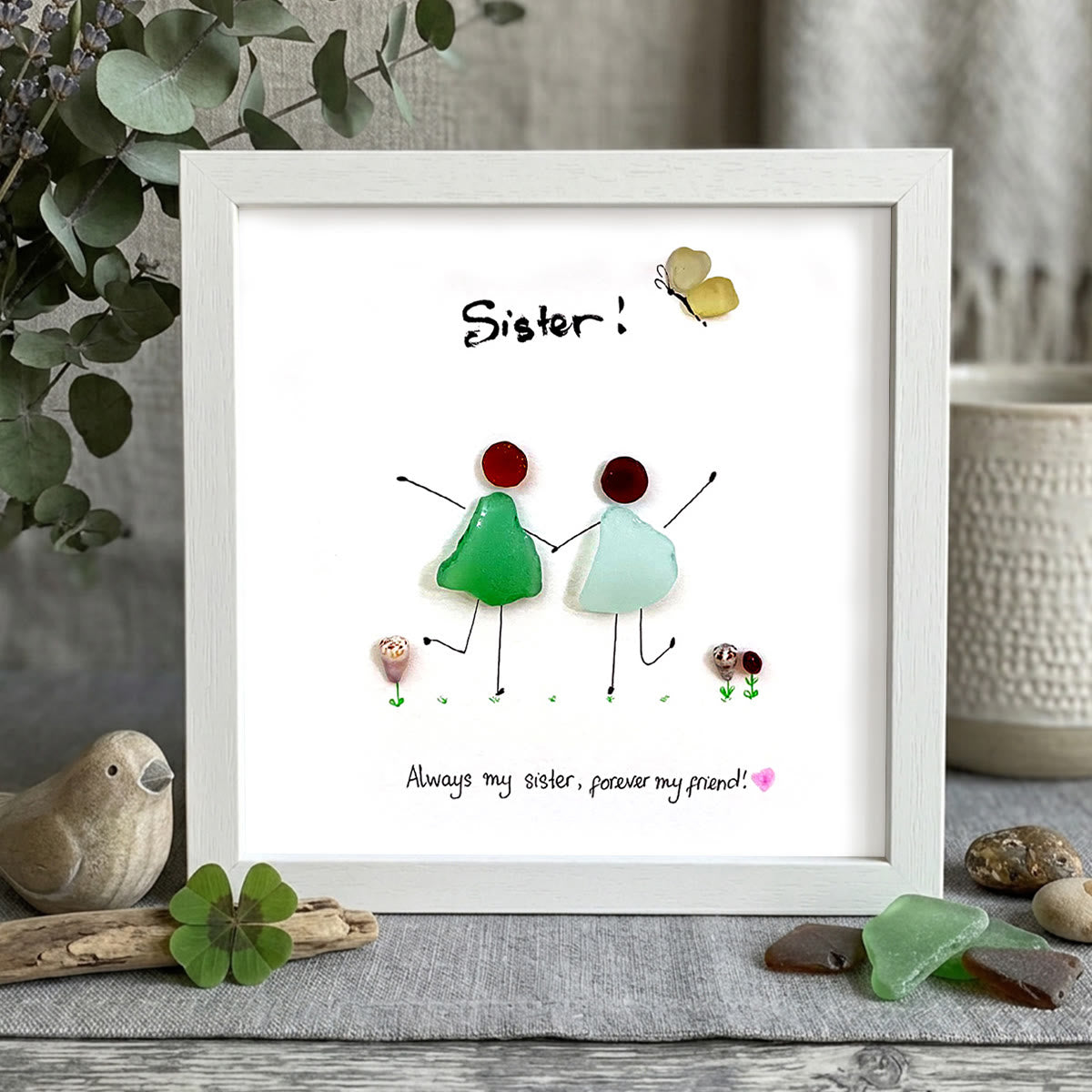 Sisterhood Handcrafted Sea Glass Framed Art - White - 8" X 8" - image 10
