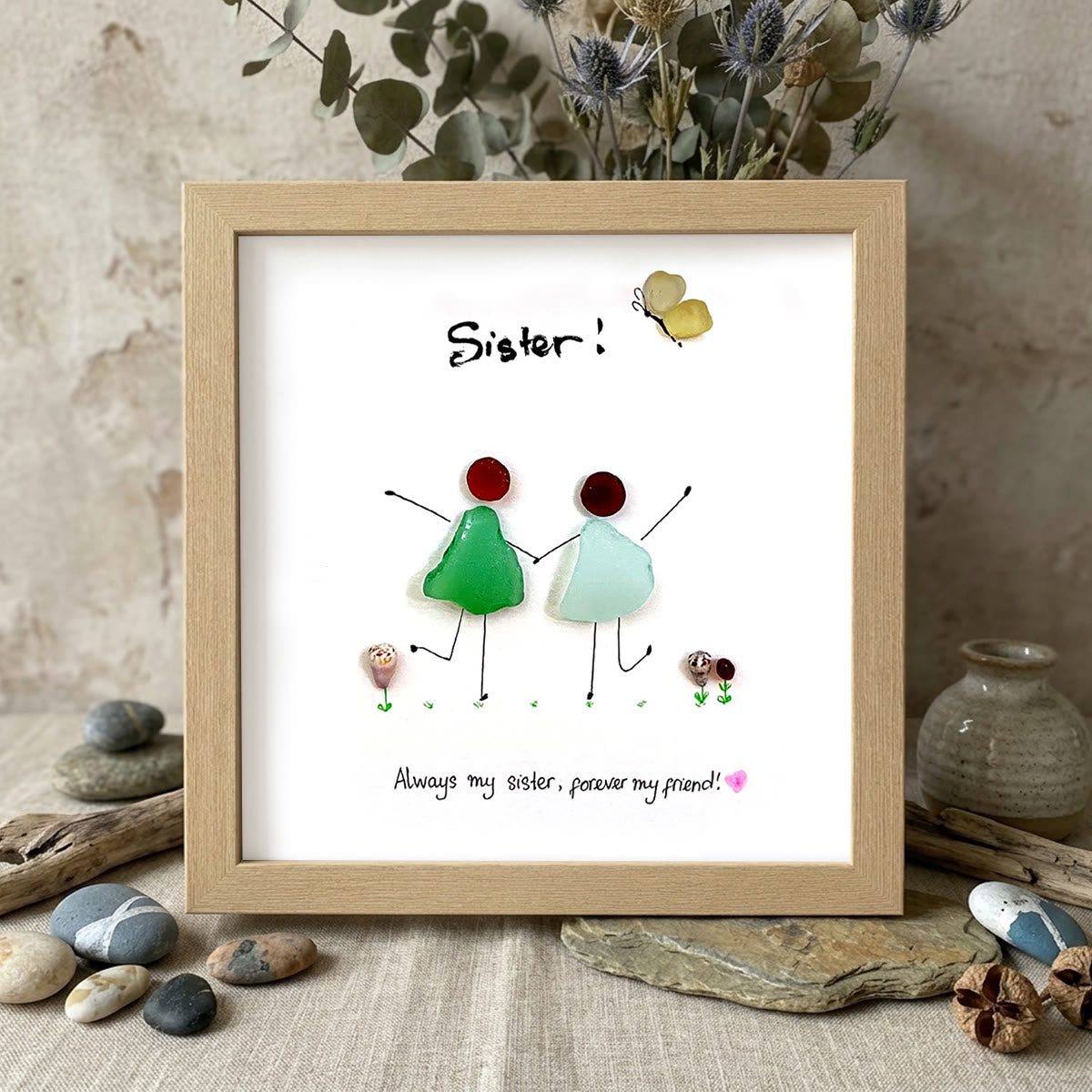 Sisterhood Handcrafted Sea Glass Framed Art - Oak - 8" X 8" - image 8