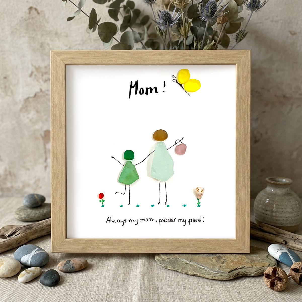 Timeless Mother-Child Bond Sea Glass Framed Art - Oak - 8" X 8" - image 8