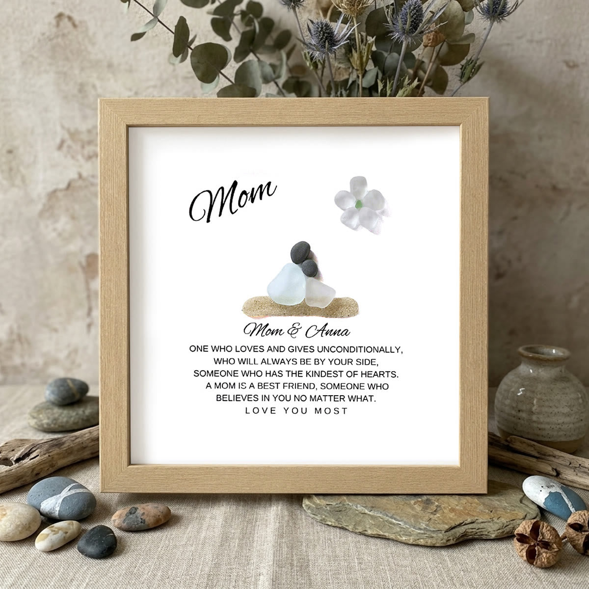 "Mom: Unconditional Love" Customizable Name Sea Glass Framed Art - Oak - 8" X 8" - image 8