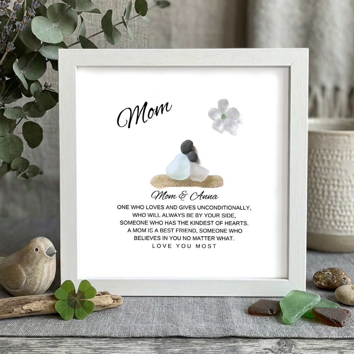 "Mom: Unconditional Love" Customizable Name Sea Glass Framed Art - White - 8" X 8" - image 10