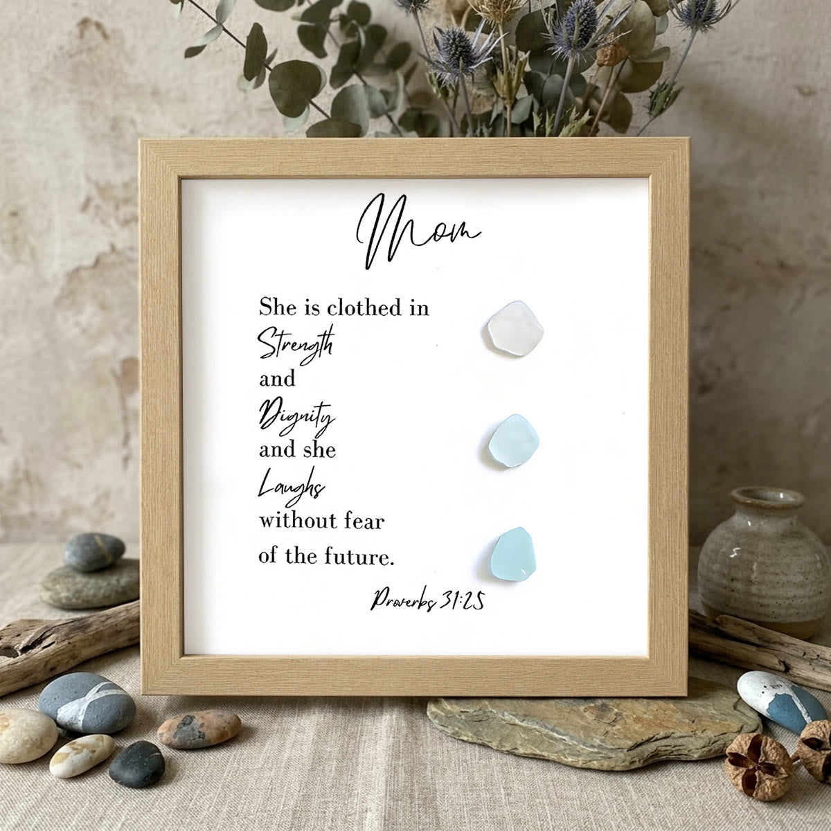 Strength & Dignity & Joy Sea Glass Framed Art For Mom - Oak - 8" X 8" - image 8