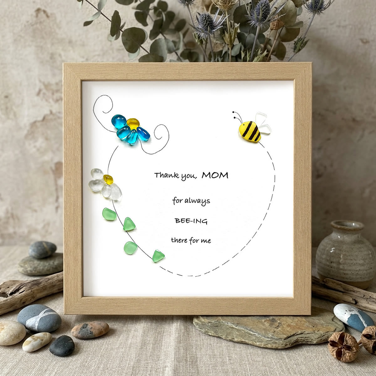 Mothe's Love Bee & Flowers Sea Glass Framed Art For Mom - Oak - 8" X 8" - image 8