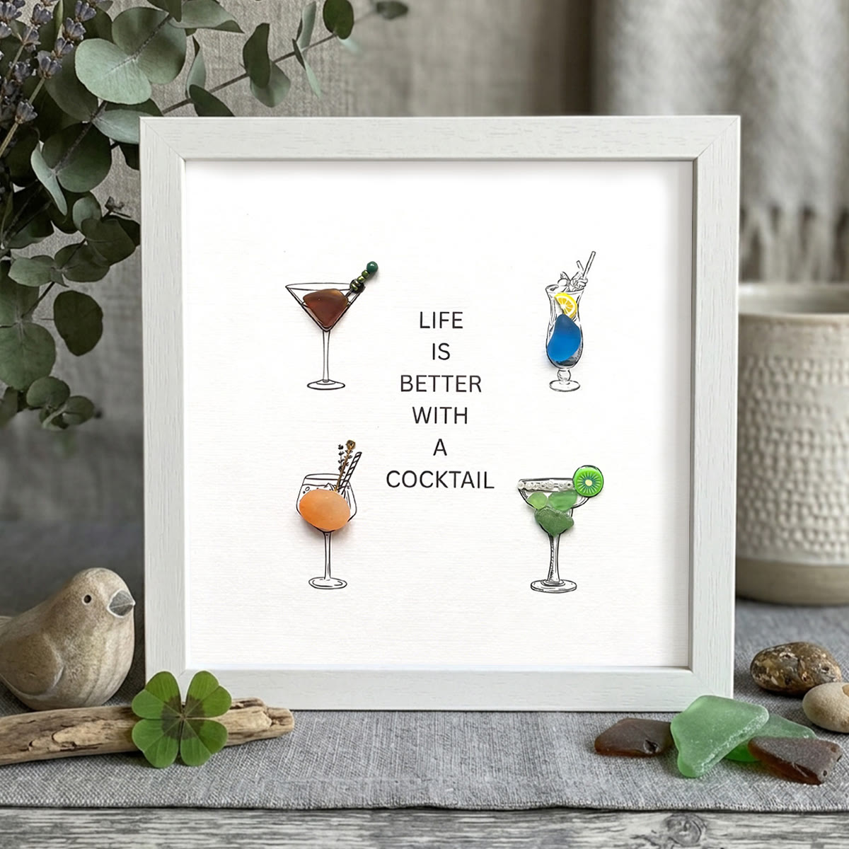 "Life Is Better With A Cocktail" Sea Glass Framed Art - White - 8" X 8" - image 10