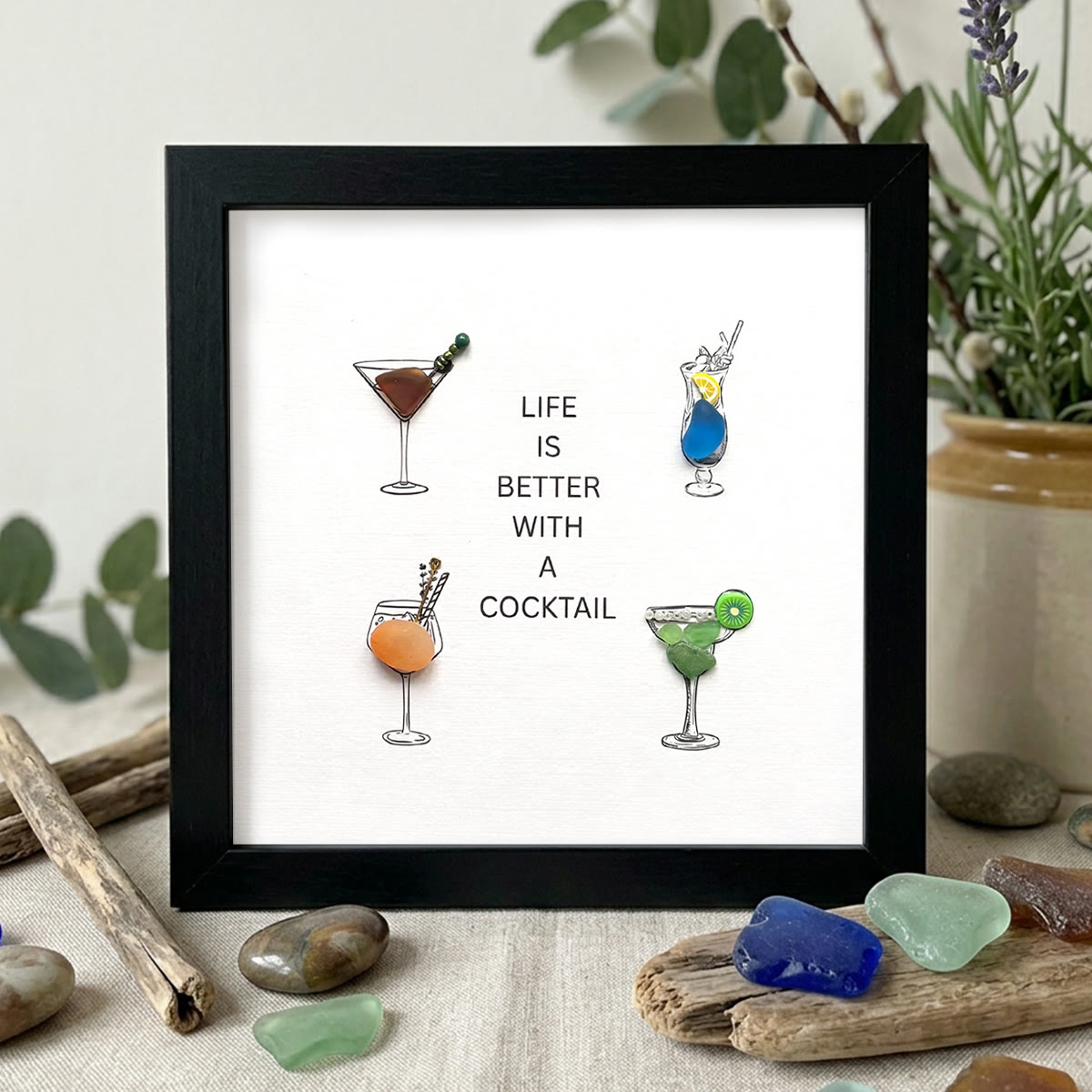 "Life Is Better With A Cocktail" Sea Glass Framed Art - Black - 8" X 8" - image 9