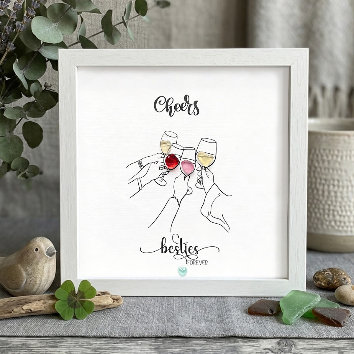 Celebtate Friendship "Cheers Besties Forever" Sea Glass Framed Art - White - 8" X 8" - image 10