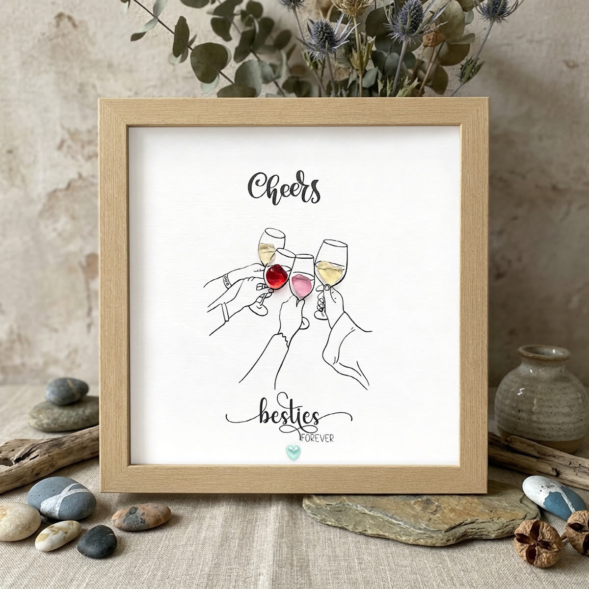 Celebtate Friendship "Cheers Besties Forever" Sea Glass Framed Art - Oak - 8" X 8" - image 8