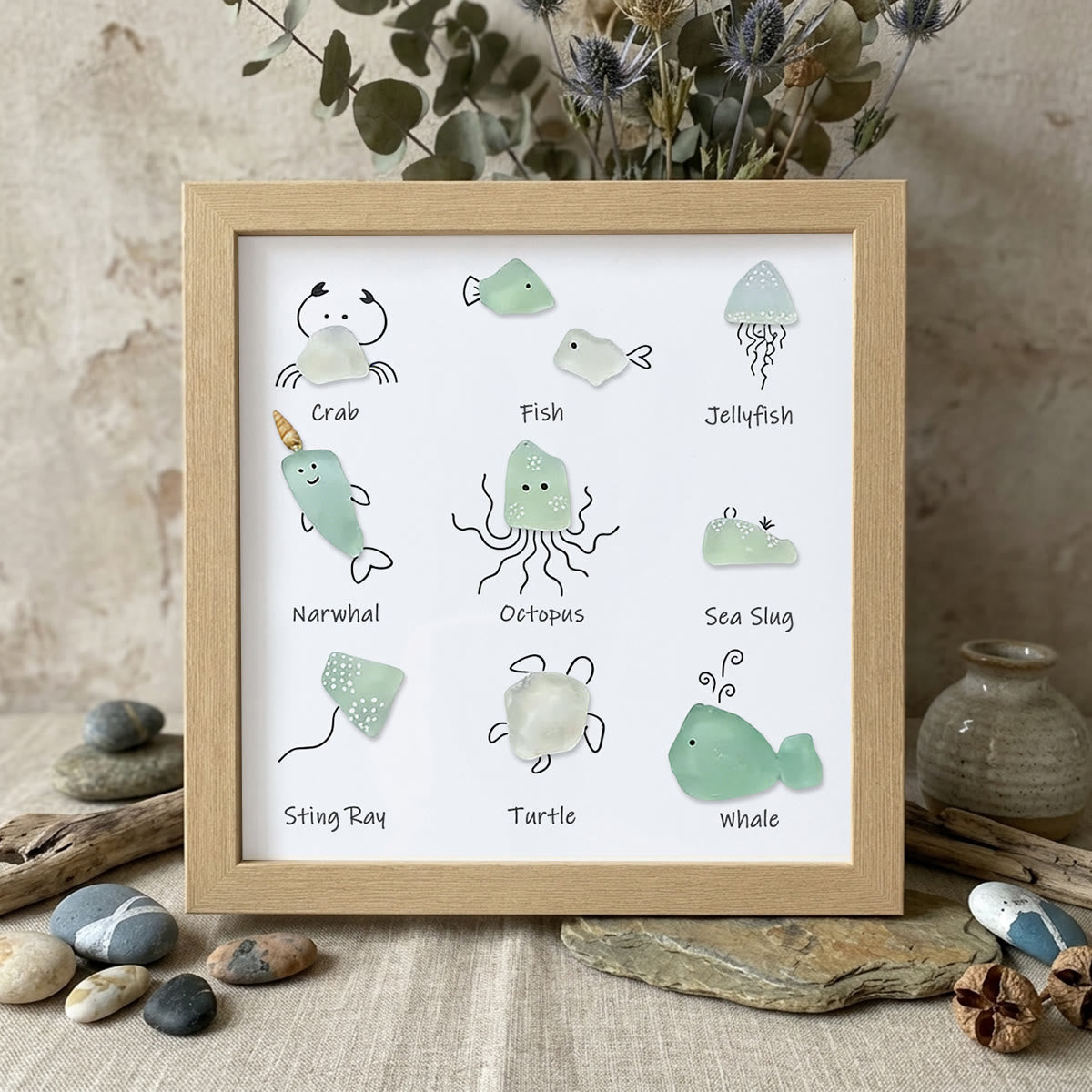 Under The Sea Marine Life Nursery Sea Glass Framed Art - Oak - 8" X 8" - image 9