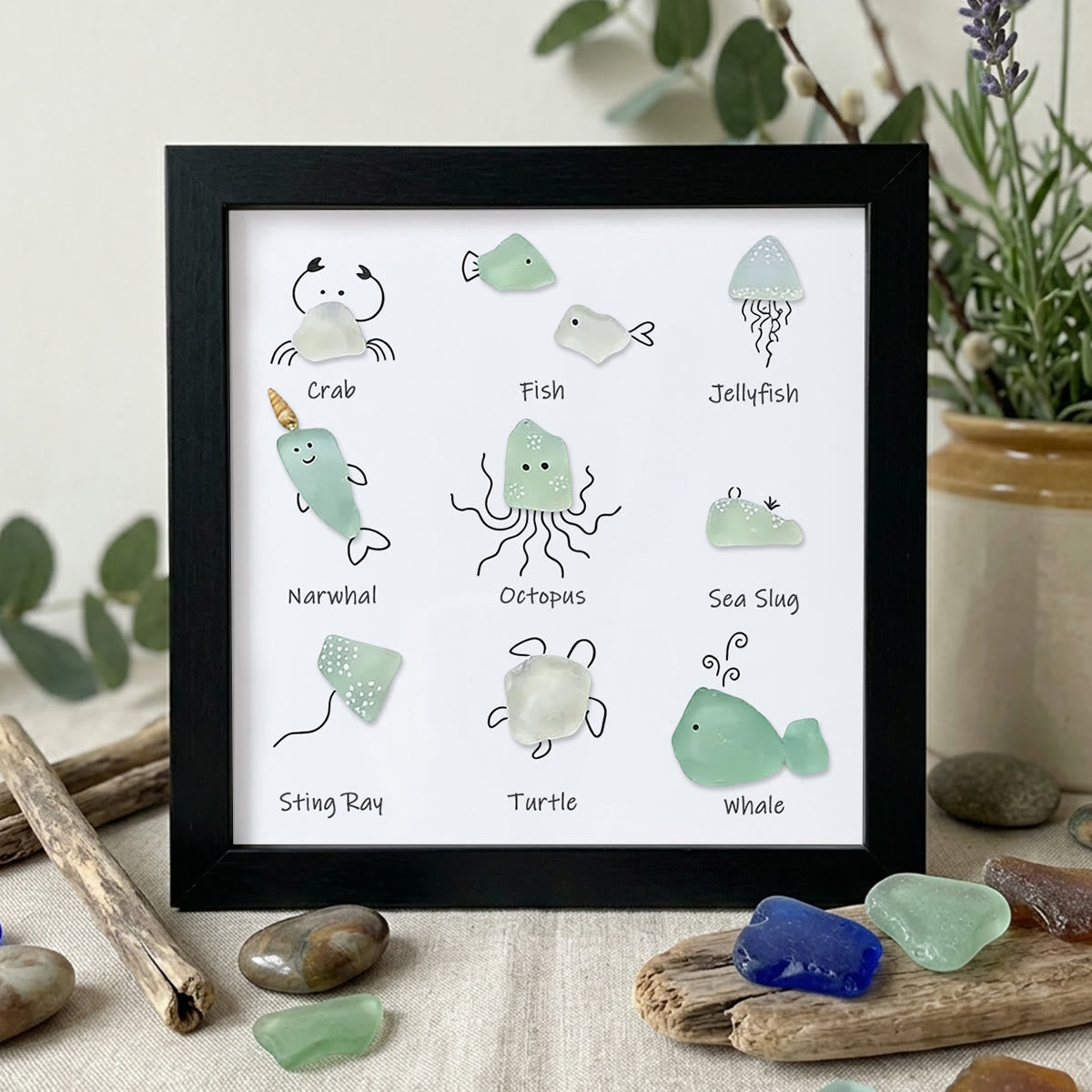 Under The Sea Marine Life Nursery Sea Glass Framed Art - Black - 8" X 8" - image 10