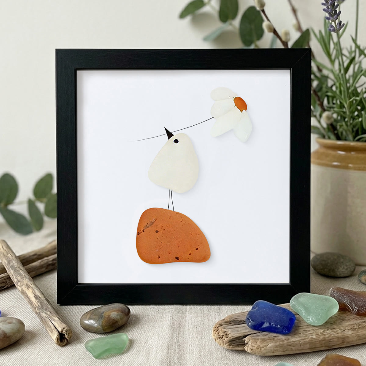 Little Bird & Daisy Nature-Inspired Sea Glass Framed Art - Black - 8" X 8" - image 10
